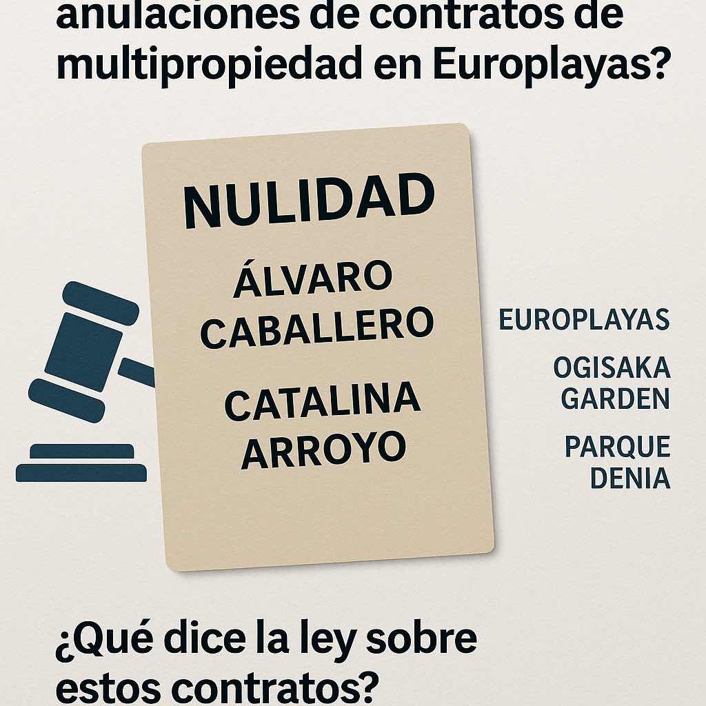 Gráfico informativo sobre la anulación de contratos de multipropiedad con Europlayas en complejos como Ogisaka Garden y Parque Denia, destacando la nulidad por falta de escritura pública, perpetuidad y financiación vinculada.